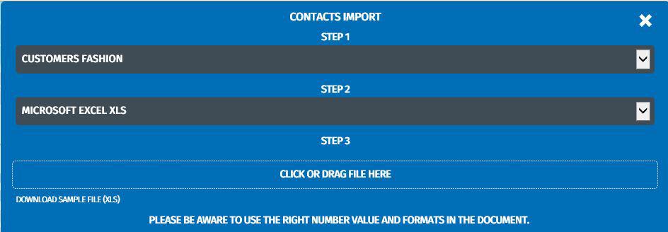 MARKOMI Creating a campaign 23 Import contacts 1. Click on [IMPORT CONTACTS]. 2. Select the import format. 3.