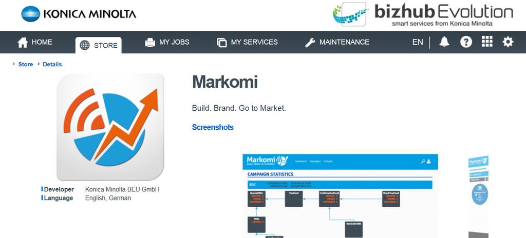 Now you can log in to bizhub Evolution to subscribe to the Markomi package.