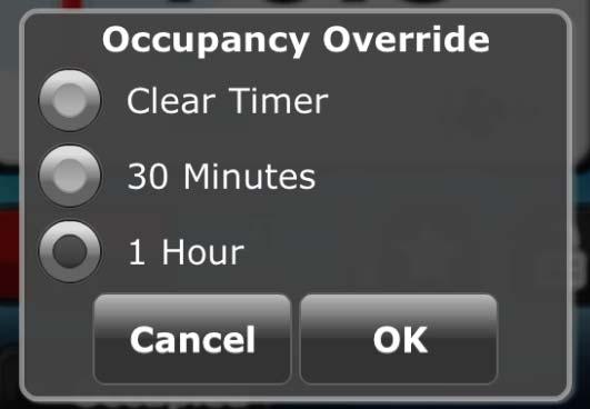 extend occupancy past normal scheduling hours. To control occupancy, touch the Occupancy icon located to the left of the Fan button.