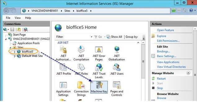 UI Setup In the IIS Management console click on BI Office site and open the Machine Key screen in the ASP.