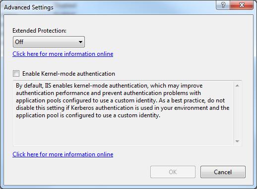 Advanced settings: In the authentication panel, make sure Extended protection is set to "off" in the drop down and make sure the Enable kernel-mode authentication is unchecked.