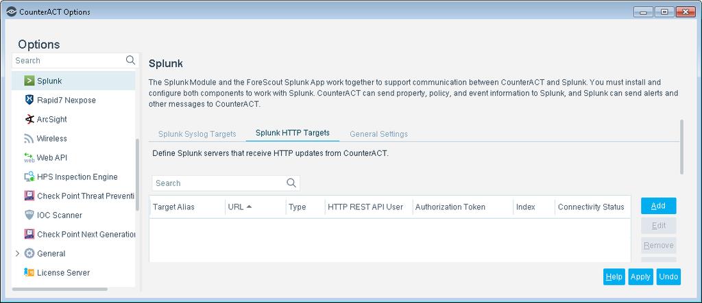 messages. You can define one or more Splunk Enterprise servers that receive update messages from CounterACT in HTTP POST format.
