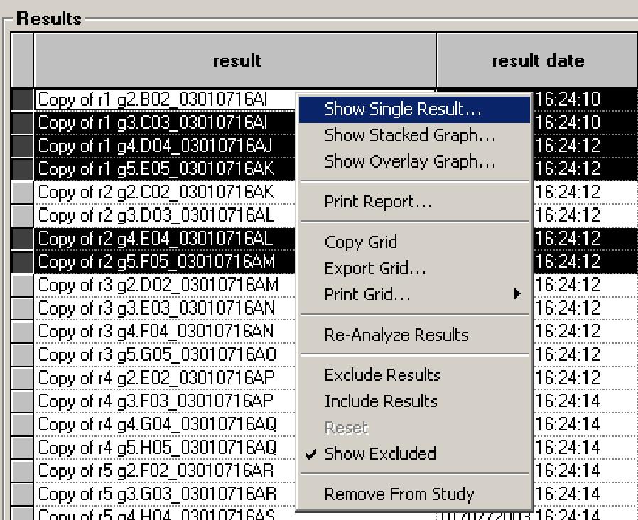 To view Result graphs, right-click the results, then choose one of these options: Show Single Result, Show Stacked Graph, or Show Overlay Graph.