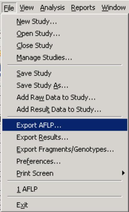 o In the Export Results As dialog box, select Text (Tab delimited)(*.txt) in the Save as type field for exporting AFLP results to Genographer.