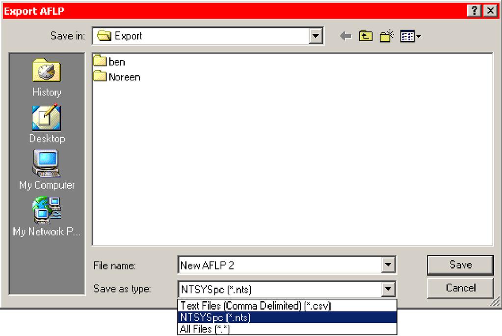 Choose the export location and filename. If you select the NTSYSpc (*.nts) file type for exporting AFLP, you can import the exported file directly to the NTSYSpc software (a third-party software).