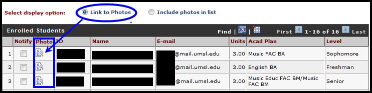 Page8 Photos When the Link to Photos option is selected you will see a Photo column on your roster. You can click the photo icon in the photo column to see a student s picture.