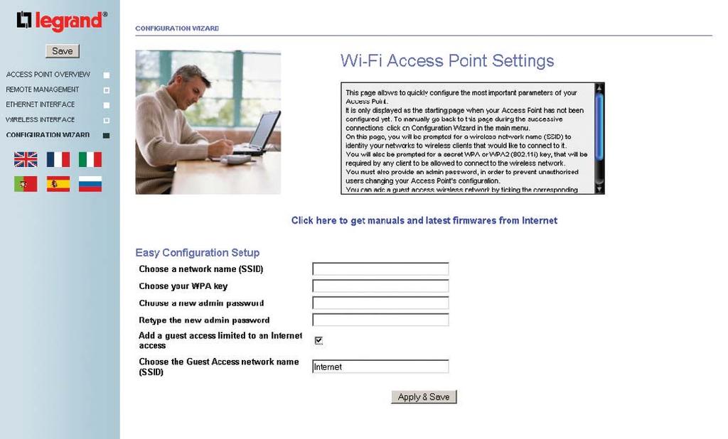 1.3 / CONFIGURATION WIZARD This page offers a quick access to the main security features of your Access Point. First enter the network name (SSID) of your choice.