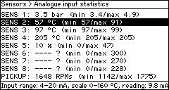 4.5.2 Analogue input statistics The screen shows the sensor number, the measurement and the minimum and maximum values measured since