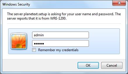 After a moment, a login window will appear. Enter admin for the User Name and Password, both in lower case letters. Then click the OK button or press the Enter key.
