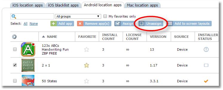 11.1.11 Uninstalling apps from Android tablets using Unassign To remove an app from a group of devices, simply unassign the app from the device group or class.