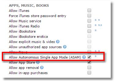 The Restrictions Profile that's applied to the device(s) should have the setting enabled for for "Allow Autonomous Single App Mode (ASAM)" enabled.