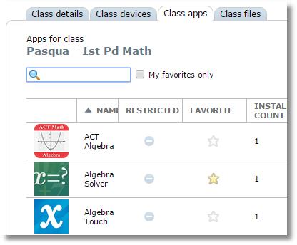 Find apps assigned to a class From the Classes menu, click a class name to display the Class details page, then switch to the Class apps tab. 11.2.