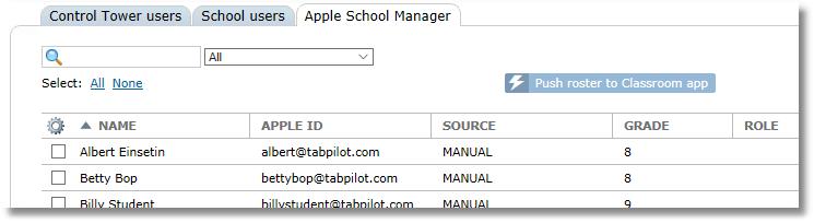 6.3 Apple School Manager Users After configuring the DEP account from your Apple School Manager account, TabPilot will pull in your ASM class roster and populate the Apple School Manager tab.