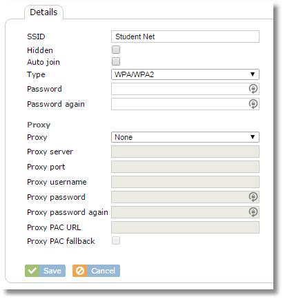 7.3 WiFi Click the name of any Network Profile from the list, then choose the WiFi tab to configure WiFi settings. Use the Add button to set up a single WiFi SSID.
