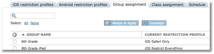 Select the group(s) from the list, then click the Assign & Apply button From the list of restriction profiles, click to choose the one you would like to assign.