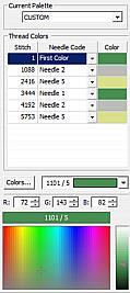 TOOLS MENU Show/Hide Stitch colors. This will display the designs colors in a list. From there you a assign colors or change codes Designs are created with Stops or Needles to indicate color changes.