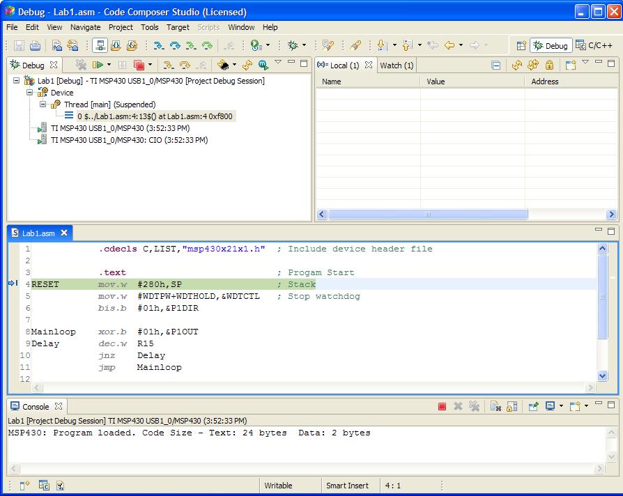 Download and Run the Program 8. Assemble and Download Click the Debug Launch button (not the Debug perspective button).
