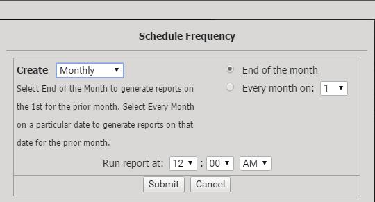 Weekly Select the day of the week and the time of day that the report should be generated and click Submit. The report will cover the entire week s calling activity ending the previous day.