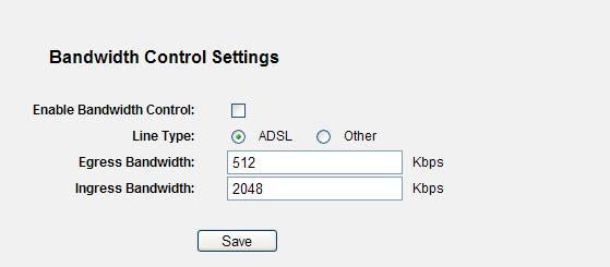 Figure 5-75 Bandwidth Control Settings The page includes the following fields: Object Enable Bandwidth Control Line Type Egress Bandwidth Ingress Bandwidth