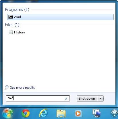 Figure 4-6 Windows 7 - Search box 3. Open a command prompt, and type ping 192.168.1.1, and then press Enter.