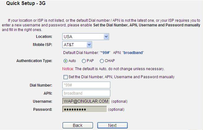 Figure 4-14 Quick Setup 3G The page includes the following fields: Location Object Description Select the country where you're using the 3G modem.