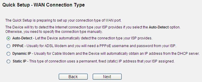 Step 5. You will then see the Figure 4-15. Select Auto-Detect, the Router will automatically detect the connection type your ISP provides.