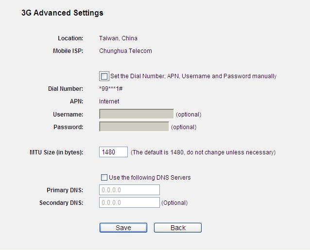 Figure 5-13 3G Advanced Settings The page includes the following fields: Object Location Mobile ISP Set the Dial Number and APN manually Dial Number Description Display the location where you're