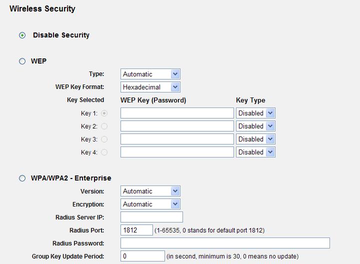 Figure 5-26 Wireless Security - None The page includes the following fields:
