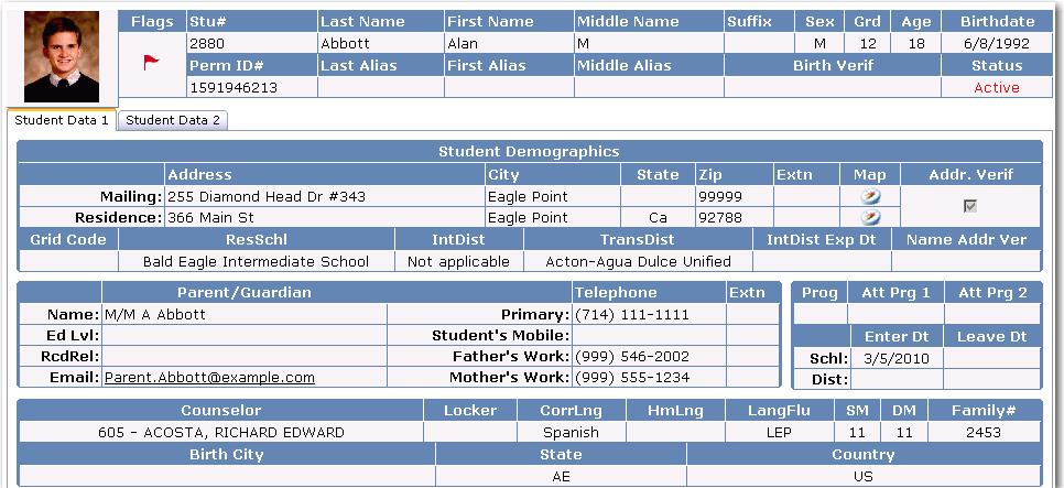 site. The following provides details about the form. Title Bar will display the school year and school name.