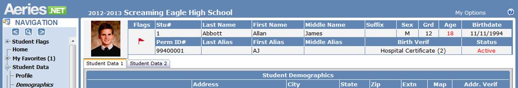 For example, clicking the mouse on the Demographics node the following form will display with the demographic information for the student.