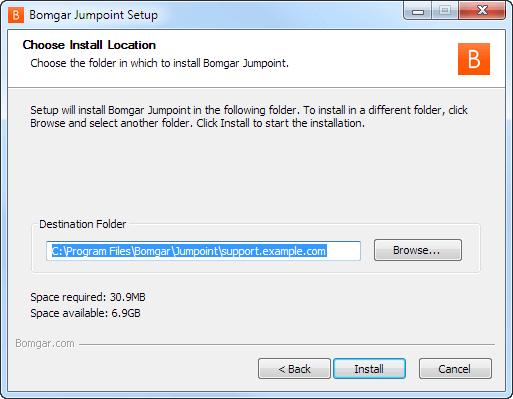 4. Choose where you would like the Jumpoint to install. The default location is C:\Program Files\Bomgar \Jumpoint or C:\Program Files (x86)\bomgar \Jumpoint. 5. Click Install.