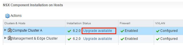 ESXi version NSX version VIBs installed 5.5 6.1.x, 6.2.x or 6.3.x esx-vsip esx-vxlan 6.0 or later 6.3.2 or earlier esx-vsip esx-vxlan 6.0 or later 6.3.3 or later esx-nsxv Note Some versions of NSX have additional VIBs which will be removed during the upgrade.