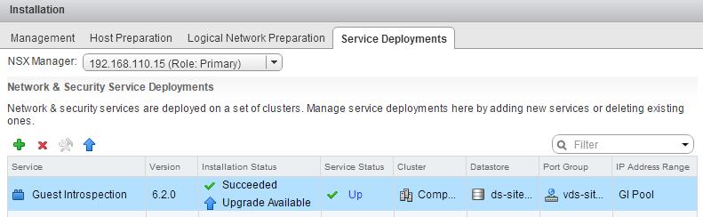 Procedure 1 In the Installation tab, click Service Deployments. The Installation Status column says Upgrade Available. 2 Select the Guest Introspection deployment that you want to upgrade.
