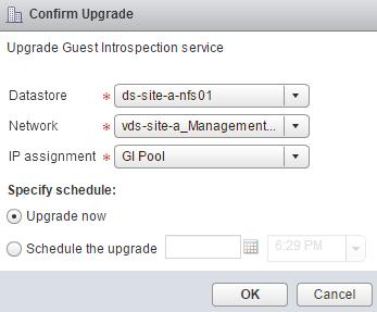 After Guest Introspection is upgraded, the installation status is Succeeded and service status is Up. Guest Introspection service virtual machines are visible in the vcenter Server inventory.