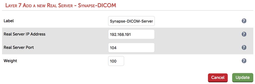 Appliance Configuration for Fujifilm SYNAPSE TCP connections on port 104 are recognized as DICOM requests and are forwarded to the DICOM server which the Loadbalancer.