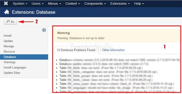6. Lihat struktur tabel database Joomla pengguna tidak up-to-date setelah selesai melakukan update ke versi Joomla terbaru. Terdapat X masalah ditemui pada database Joomla pengguna (1). Jangan panik!