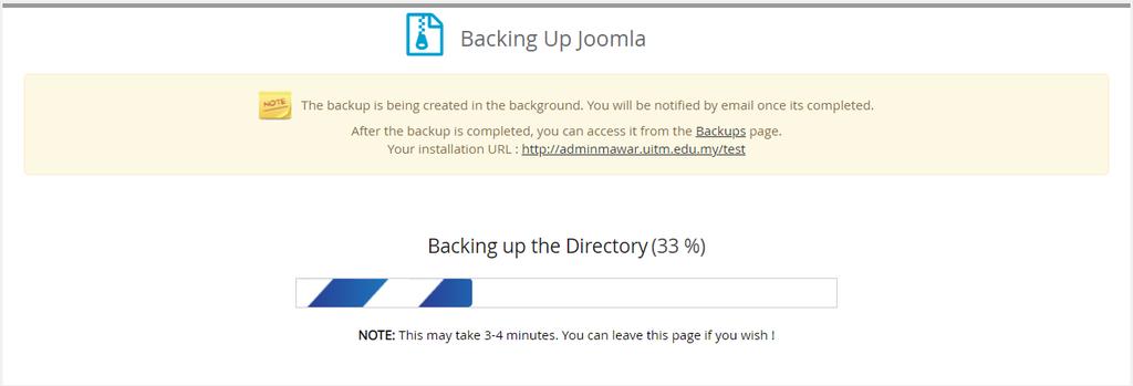 4. Proses backup bermula dan tunggu sehingga prosesnya selesai. 5. Setelah selesai, pengguna akan dibawa ke halaman yang menyatakan backup telah berjaya.