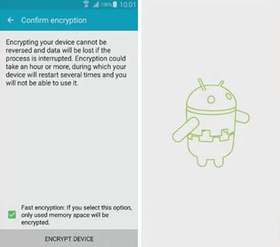 Once entered, tap "continue" and the device encryption process will begin Figure 34 Encryption - encrypt device Once the Encrypt device is selected some suitable Android icon will be displayed as the