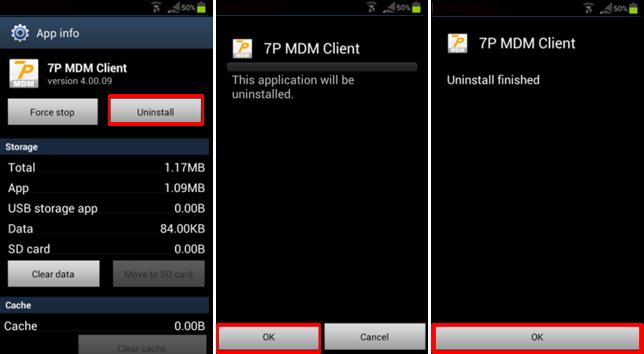 Figure 72 Removal of MDM Client. Begin the "Uninstall" of the 7P MDM Client process by selecting the "Uninstall button.