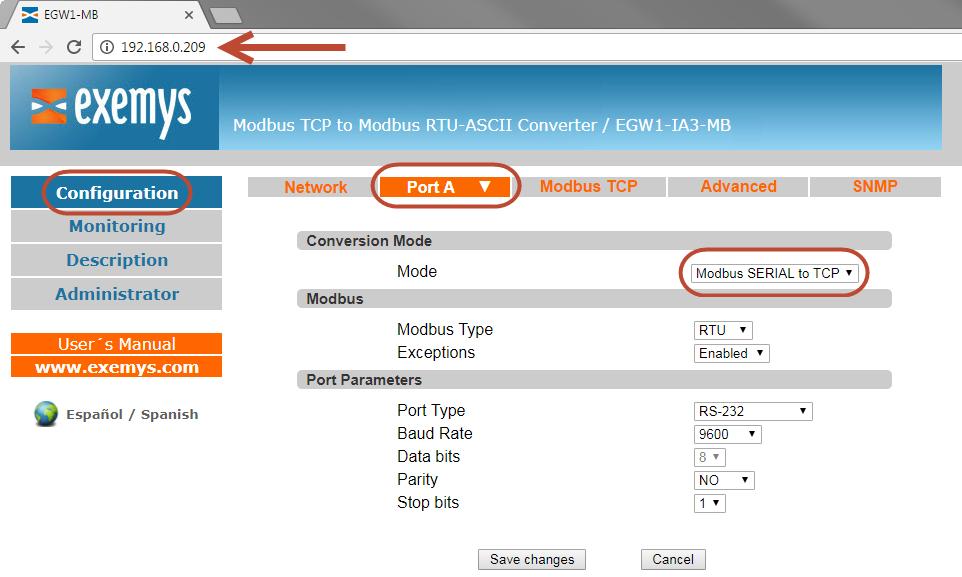 In the Modbus TCP Table, the ranges of IDs and the destination IP are added for each port configured in Modbus mode SERIAL to TCP.