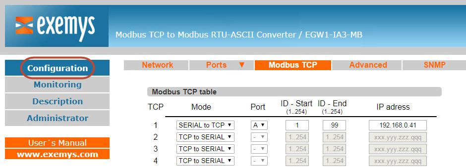 To exemplify the above, we will demonstrate a typical use example with the following configuration: A port, for example, we will use Port A, configured in Modbus SERIAL to TCP mode, in the Modbus TCP