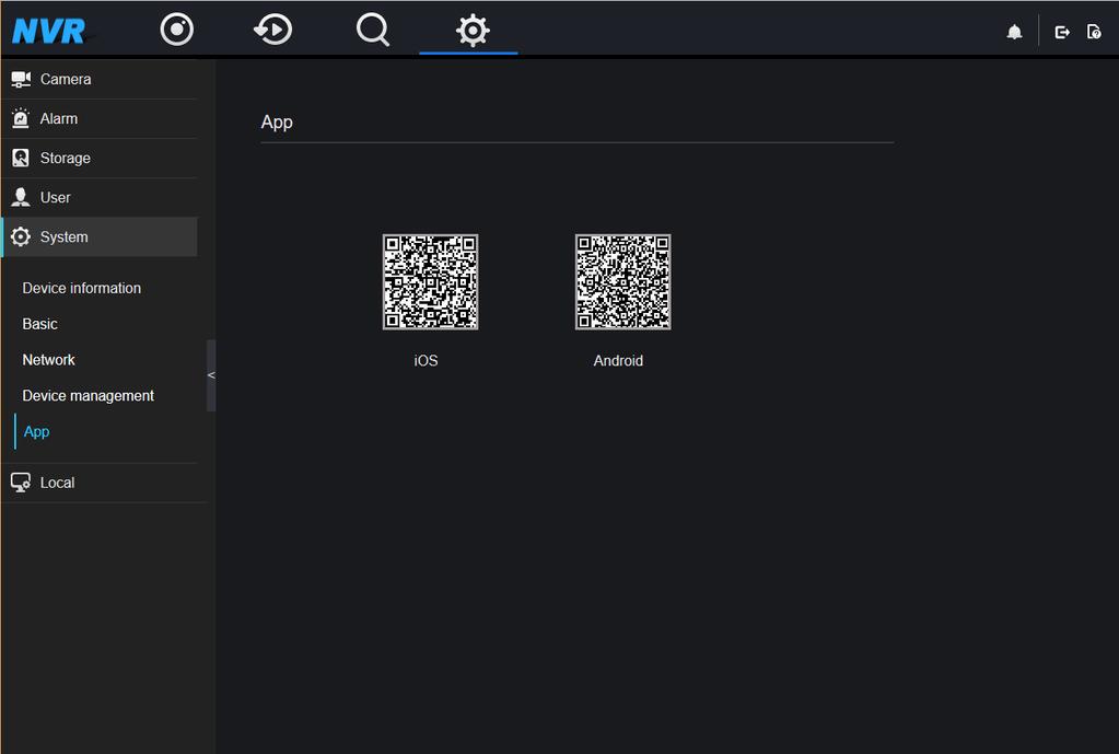 Figure 5-12 Mobile phone App interface QR codes are described as follows: ios QR code: used by ios-based devices to download the App client.