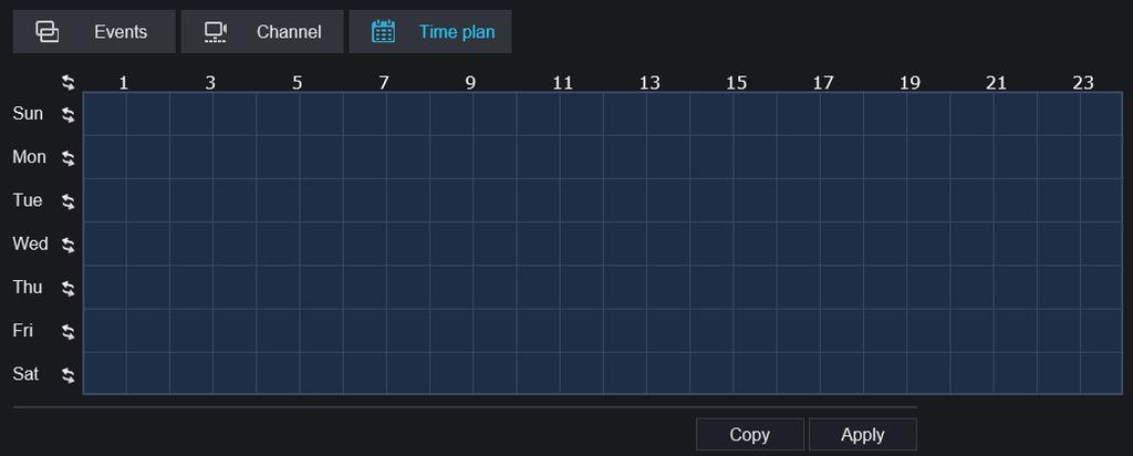 Figure 5-16 Time plan interface 2. Set the time plan. Method 1:Click left mouse button to select any time point within 0:00-24:00 from Monday to Sunday.