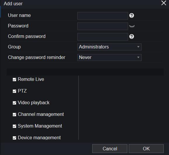 Figure 5-22 Add user interface 2. Set the user name, password, and confirm password. 3. Select a group from the drop-down list. 4. Select change password reminder period from the drop-down list. 5. Check the privilege.