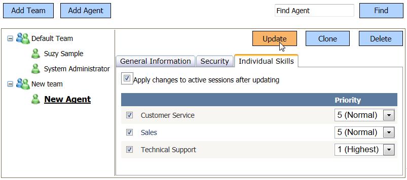 AGENT CONFIGURATION Individual Skills tab On this tab you may assign a queue or multiple queues that the agent will be required to handle when they sign into the CCA.