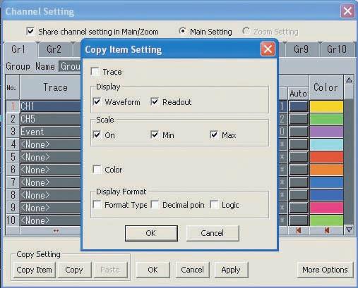 3.2 Setting Waveforms (Channels) to be Displayed Explanation Channel (Trace Name) Settings Shared Channel (trace name) settings are shared by the main waveform display window and the zoomed waveform