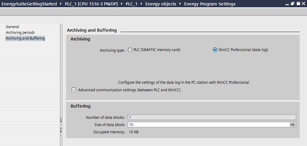 Table 5-17 1. Open the Energy program settings of the CPU in the project navigation in Energy objects. 2. Click Archiving and Buffering.