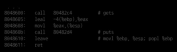 BUFFER OVERFLOW (4) for main for main Input = "12345" Return Address Saved %ebp [3] [2] [1] [0] buf for echo %ebp Return 08 04 Address 86 4d bfsaved ff 00 %ebp35 [3] 34 [2] 33 [1] 32 [0] 31 buf for
