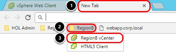 Run the Recovery Plan to Failover the site We will now run the recovery process for 3-Tier-App to failover the full application. Launch the vsphere Web Client for RegionB 1. Click New Tab 2.