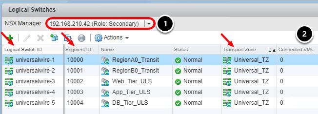 Verify Universal Logical Switches on Secondary NSX Manager Universal Logical Switches including their Segment ID are synchronized across Primary and Secondary NSX Managers. 1. Select 192.168.210.